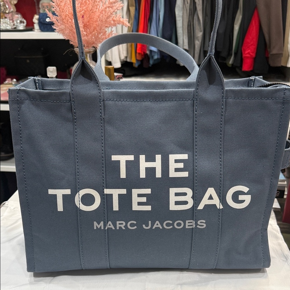 Marc Jacobs Slate Blue Canvas Tote Bag with White Logo